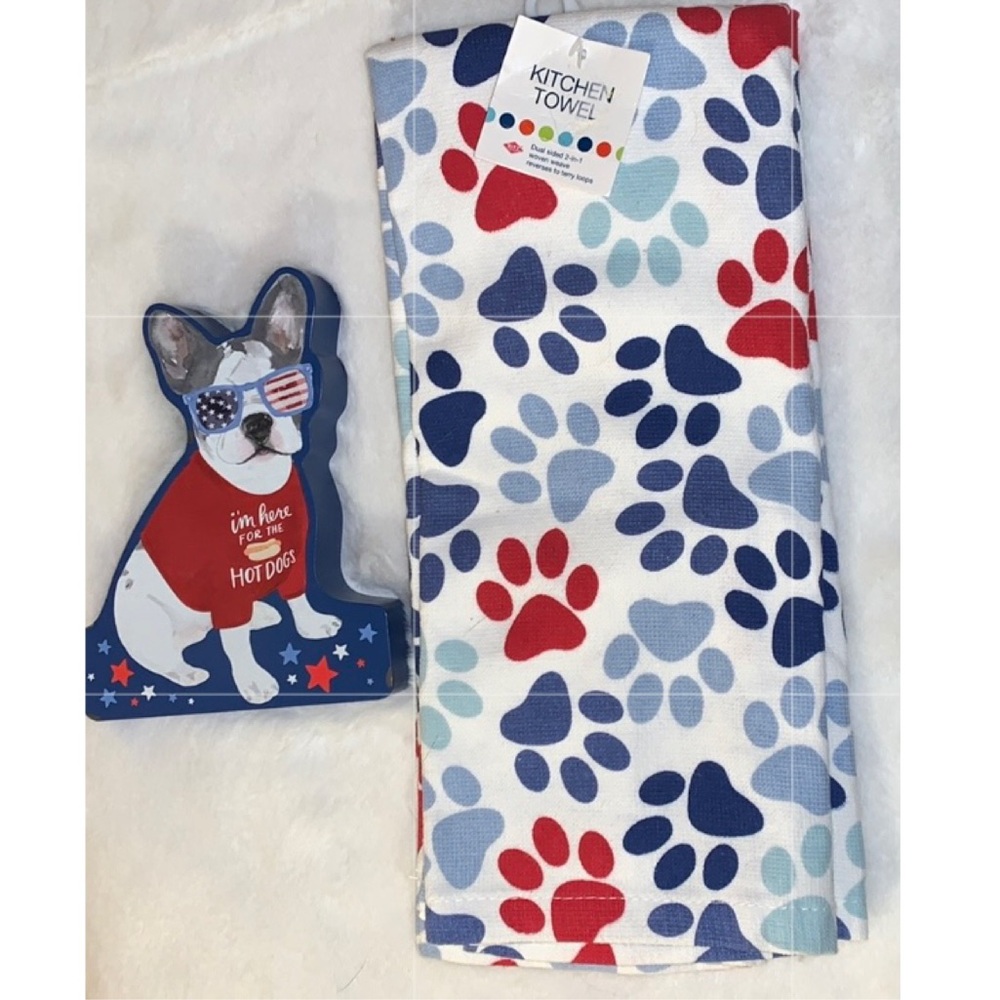 CLEMENTINE Dog Dish Towels (2) & Patriotic French Bulldog Blue Dog Decor NWT